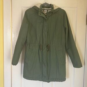 Gap Full Zip Snap Olive Green Fuzzy Hooded Winter Coat• Medium
